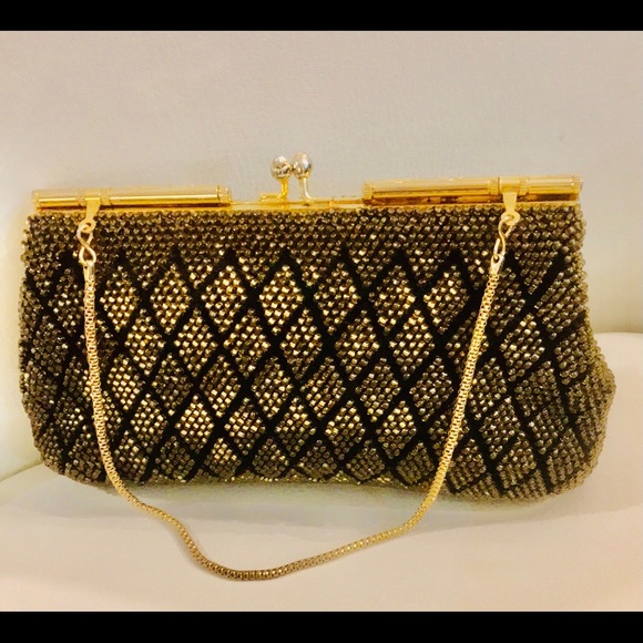 Shine bright w/ vintage gold beaded and black stitched evening purse/clutch - Picture 6 of 7